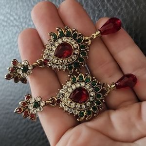 Gold Floral Red and Green Drop Earrings